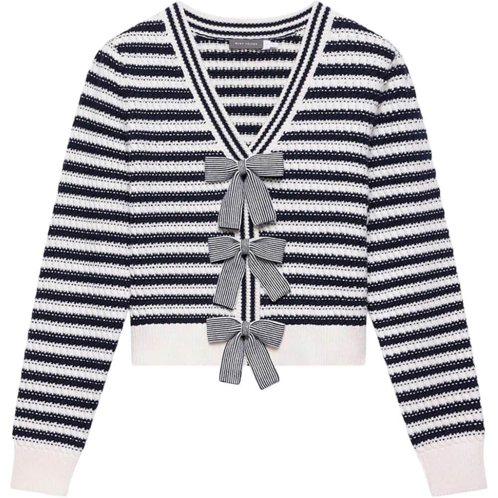 Stripe Cotton Bow Cardigan